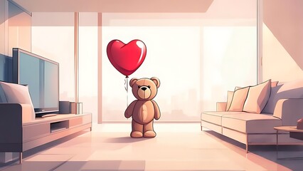 Interior scene shows a teddy bear holding a heart balloon in a well-lit living room, with a sunset through large windows