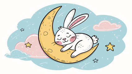 Cute bunny sleeping peacefully on a crescent moon at night