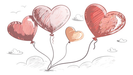 Heart shaped balloons floating gently in the air with clouds