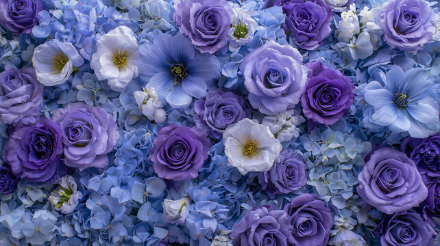 ブルー寄りパープルのクールな花の背景｜バラ、トルコギキョウ、アネモネ、アジサイ