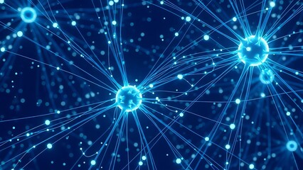 Abstract network of glowing nodes connected by lines on a dark blue background