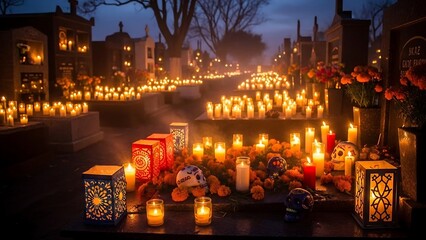 All Souls Day cemetery candles night.
