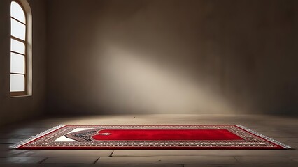 Interior shot of a prayer rug on wood floor. Sunlight streams in from a window, illuminating the room