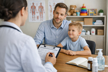 Fototapeta premium Pediatric doctor consulting with father and son in a medical office, clipboard on table, health charts and toys visible in the background