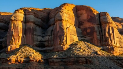 Golden Desert Rock Formations Bathed in Sunset Light.