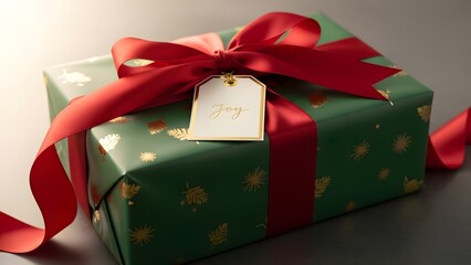 Green Gift Box Wrapped in Red Ribbon with Tag.