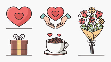 Valentine's Day symbols with heart, gift, coffee, and flowers