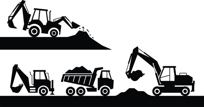 Construction machinery silhouettes with excavator, backhoe loader and dump truck loading soil, heavy equipment earthmoving process illustration, black vector icon set