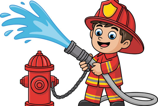 Cute cartoon boy firefighter spraying water from fire hose connected to hydrant, smiling kid hero character, fire safety and rescue concept