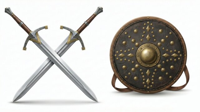 Medieval Scottish weaponry set. Crossed broadswords and round studded targe shield illustration