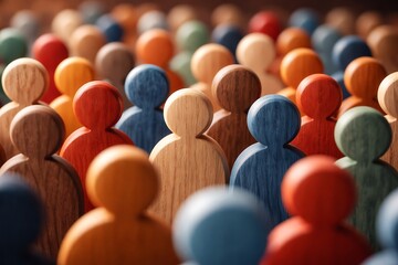 Obraz premium Colorful wooden figurines standing together in a crowd, symbolizing community and diversity