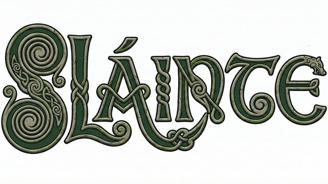 Celtic knot style "Sl&aacute;inte" typography. Green Gaelic cheers text with intricate Irish or Scottish knotwork ornament