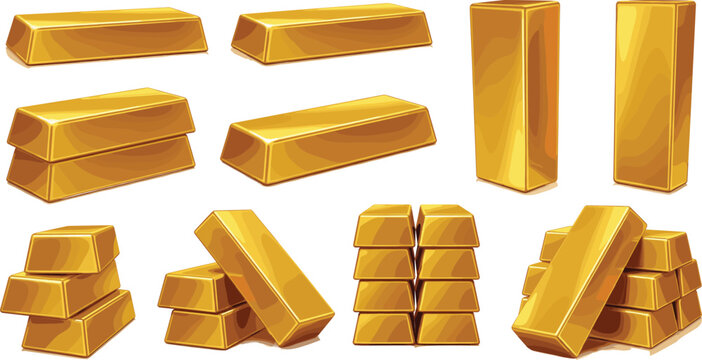 Gold bar vector set with shiny bullion ingots, stacked golden bars and precious metal blocks isolated on white background for finance and luxury design