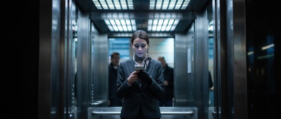 Elegant businesswoman in a dark suit and gloves checks her smartphone, her face illuminated by the screen inside a moody, cinematic steel elevator with cool overhead lighting