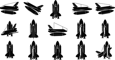 Space shuttle and rocket silhouettes, aerospace spacecraft collection, multiple launch angles, black vector icons, isolated on white background, space exploration © Itz Julfikar Here