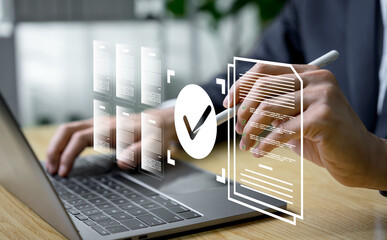 A professional completes approval using a digital checklist, validating documents to express quality control, accurate verification, and efficient workflow management in modern paperless systems.