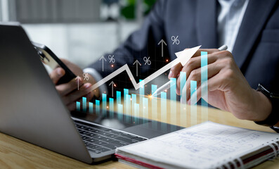 An investor analyzes finance factors including tax, inflation, and interest rates, expressing smart banking decisions and long term investment planning for financial stability and economic growth.