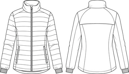 Fashion technical drawing of women's puffer jacket, flat sketch vector illustration, quilted front, stand collar, zipper pockets, front back views © Shoentesh