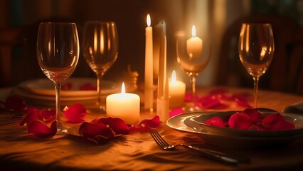 Intimate setting with candles, wine glasses, plates, and rose petals, creating a warm, romantic ambiance for a special occasion