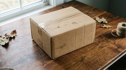 A plain kraft box sitting on a walnut brown wooden table