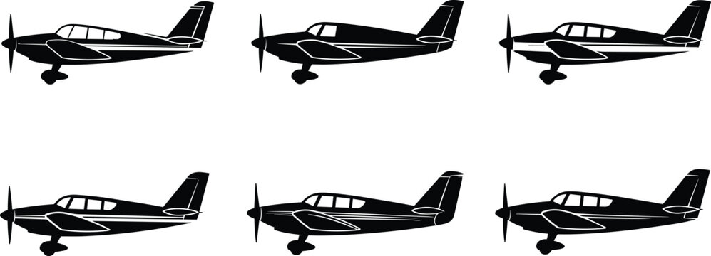 Light aircraft silhouette icon set with single engine propeller planes, private aviation and pilot training concepts, black vector illustration collection