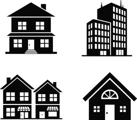 Fototapeta premium House and Building Silhouette Vector Set Featuring Residential Homes, Urban Apartments and Property Icons, Black Real Estate Illustrations Isolated on White Background for Design Use