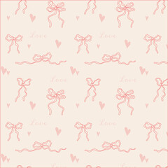 Seamless romantic pattern with hand-drawn pink bows, ribbons, hearts and &ldquo;Love&rdquo; lettering on a soft beige background. Delicate repeat for Valentine, wedding, stationery and fabric.