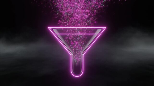Marketing funnel icon glass layers filtering neon particle glow filter abstraction on dark foggy black backdrop