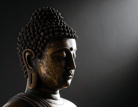Close-up of a serene, golden-bronze Buddha statue, side profile