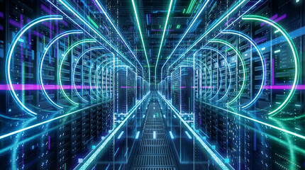 Neon Corridor of Data: Futuristic tunnel of interconnected servers glowing with vibrant neon lights, symbolizing the flow of data in a digital world.