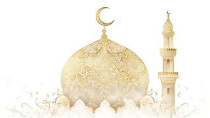 Intricate illustration of an ornate mosque dome and minaret, rendered in shimmering gold and white, with floral embellishments