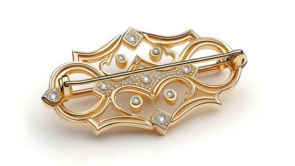 Intricate, ornate gold brooch featuring diamonds set within an openwork design. Classic, elegant, and timeless appeal
