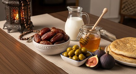 Traditional Sunnah food spread laid out for Ramadan Iftar or Suhur, featuring wholesome ingredients and spiritual elements concept