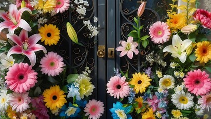 Intricately designed wrought-iron gate is adorned with an explosion of vibrant, colorful flowers