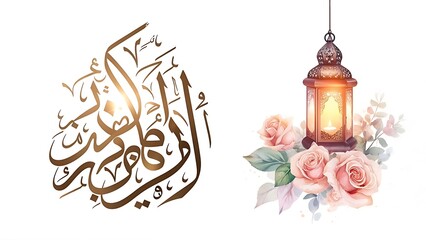 Islamic calligraphy and ornate lantern with flowers on a white backdrop, celebrating a special occasion