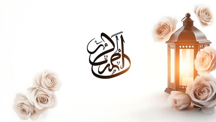 Islamic calligraphy on white, flanked by roses and a lantern with a lit candle, creating a peaceful scene