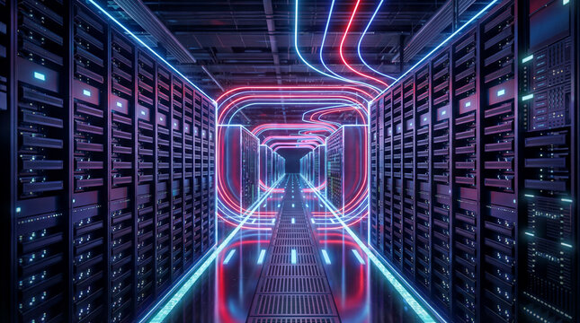 Data Center Corridor: A cutting-edge data center corridor pulses with neon light, symbolizing the interconnected world of information, data and network. High-tech architecture. - Powered by Adobe