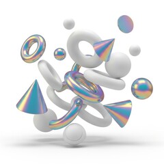 Iridescent abstract shapes floating in equilibrium against a pure white backdrop