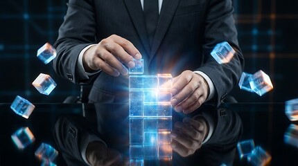 Businessman Interacting with Futuristic Digital Cubes and Blockchain Technology.