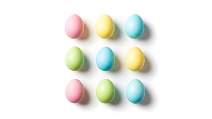 Pastel Colored Easter Eggs Arranged in a 3 by 3 Grid on White Background.