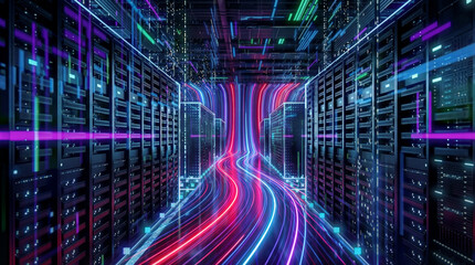 Digital Network: The modern data center showcasing the heart of digital connectivity. Vivid streaks of light pulse through an array of server racks, illustrating the flow of data.