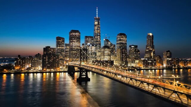 Urban cityscape at twilight with illuminated skyscrapers and bridge