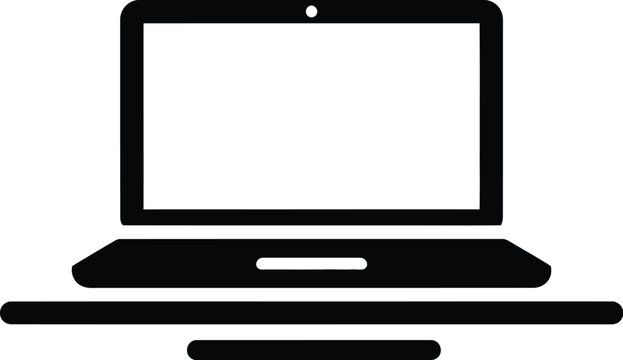 Simple black and white icon representing a laptop computer for technology and work themes