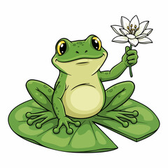 Fototapeta premium Happy cartoon frog sits on lily pad, holding single white water lily. Friendly green amphibian, big eyes and smile, a charming cartoon frog. Playful cartoon frog character for kids books,