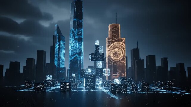 Futuristic cityscape at night with glowing blue and orange skyscrapers and neon lights on a dark cloudy sky background.