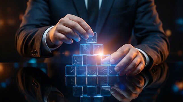 Businessman building a glowing digital pyramid, symbolizing business growth and innovation. - Powered by Adobe