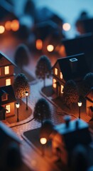 Miniature Suburban Landscape at Dusk: Glowing Houses and Street Lights