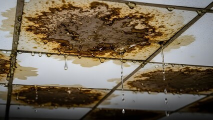Rusty Corroded Ceiling Panels with Peeling Paint and Grid Lines.