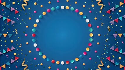 Colorful festive background with party decorations and a vibrant circular frame