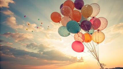 Colorful balloons ascending into the golden sunset sky, symbolizing celebration and freedom